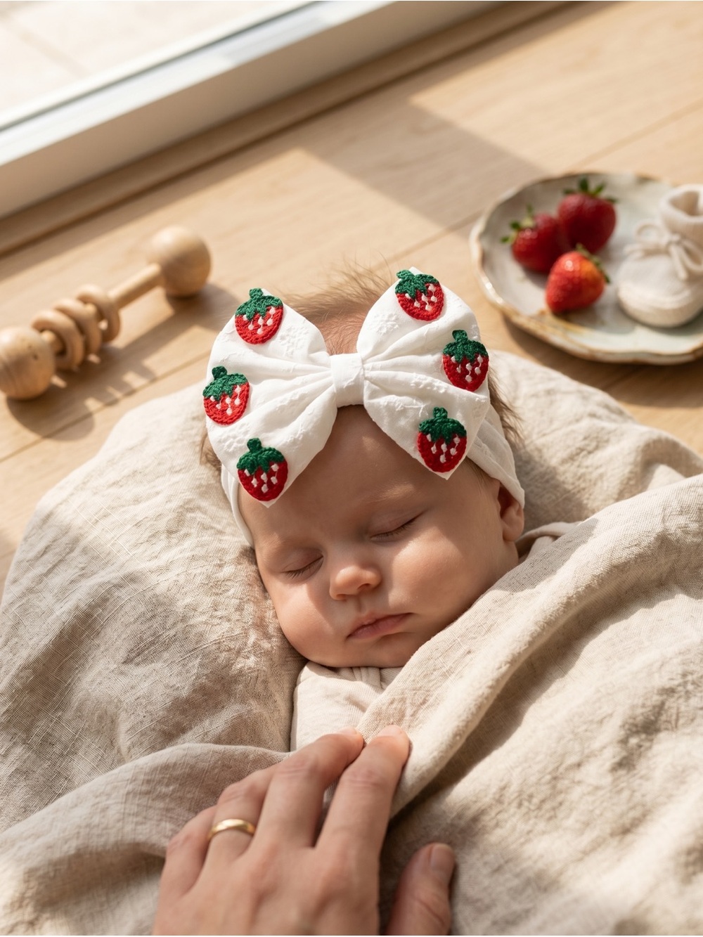 Strawberry Eyelet Lace Baby Bow Headband Newborn Toddler
